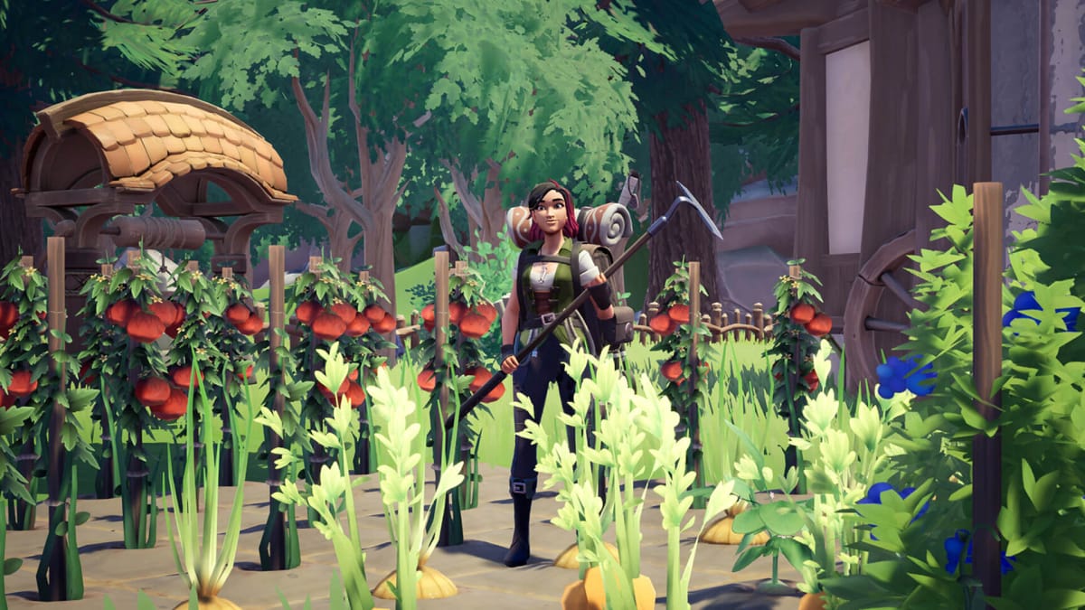 A player holding a farming implement and standing amongst crops in the Singularity 6 game Palia