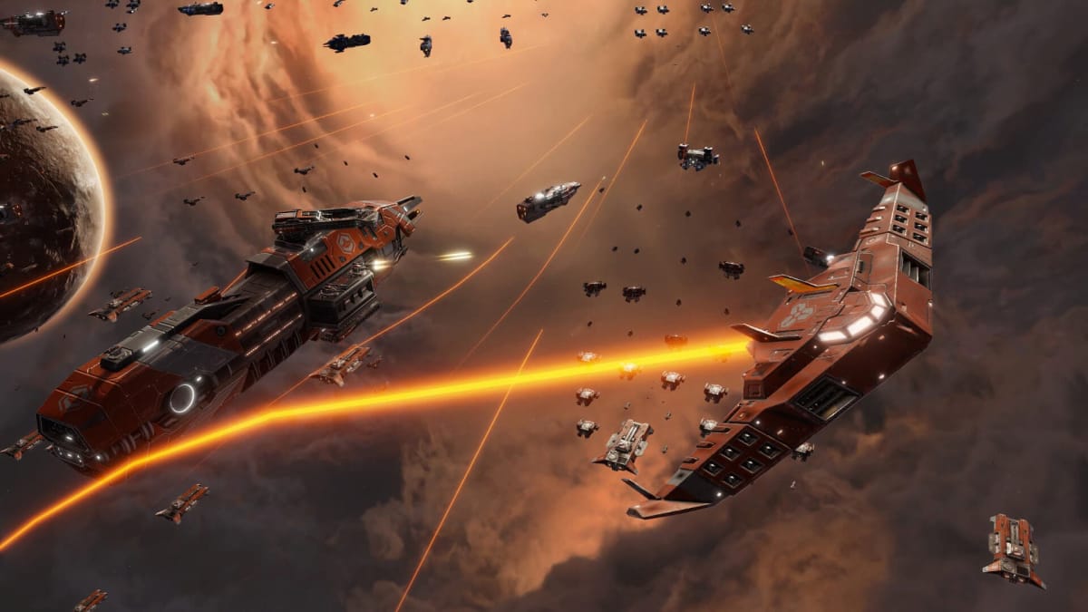 sins of solar empire 2 gameplay shot of players fighting a massive war in outer space, with an orange glow in the air,