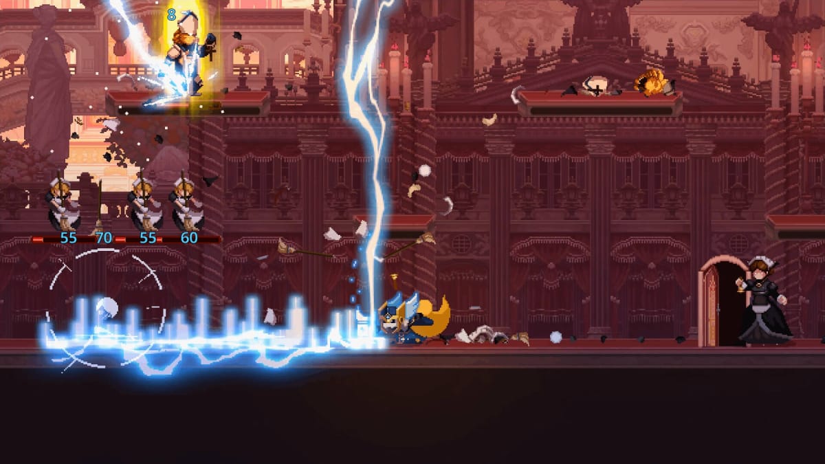 The player using a lightning attack as one of the new skulls in the Skul: The Hero Slayer DLC Mythology Pack