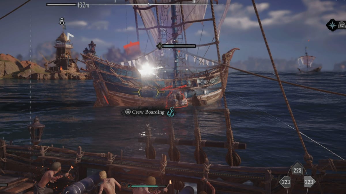 A player can be seen bracing while they wait to board a ship.