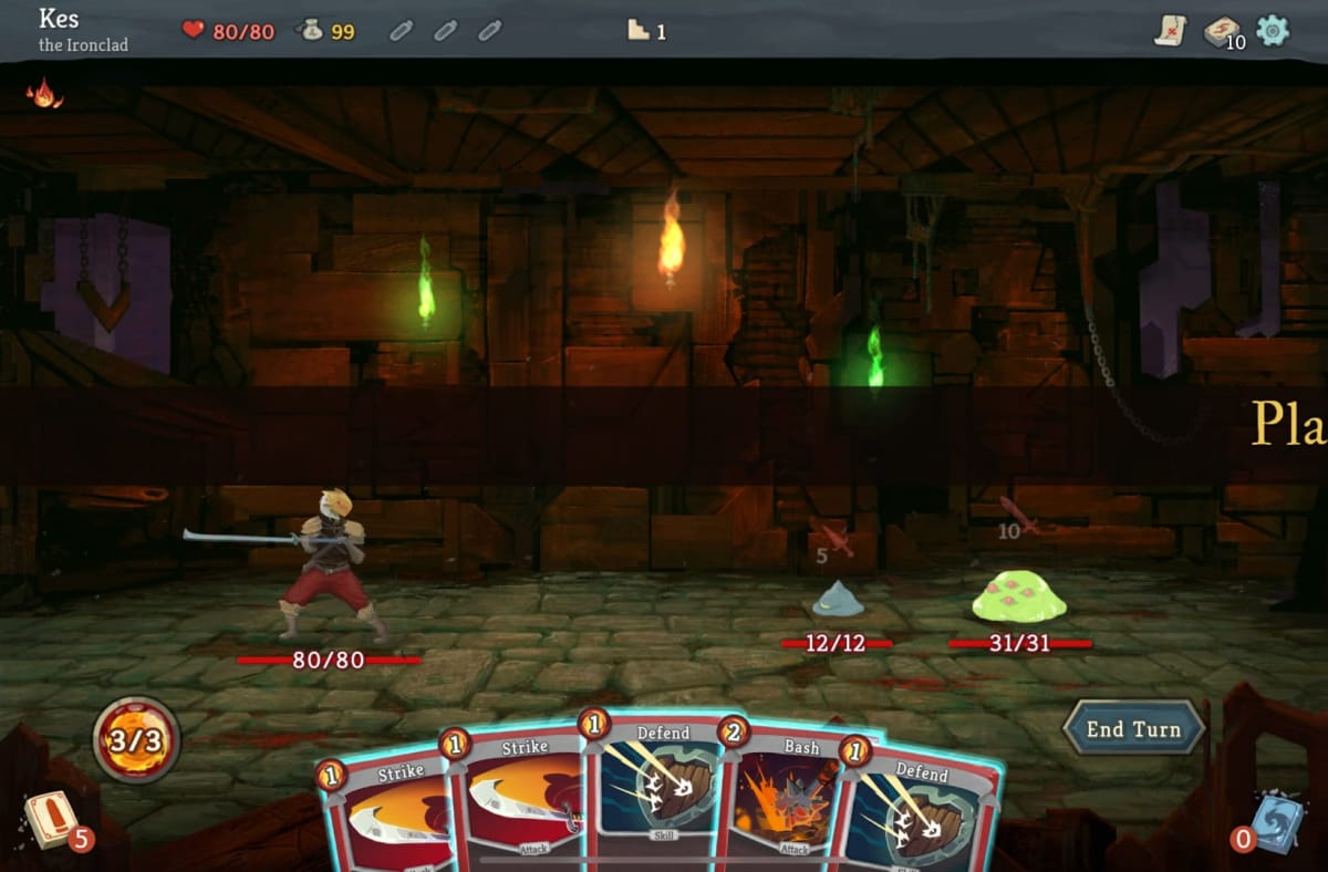 Slay the Spire Plus, one of the best Apple Arcade games, shows deck battling with 2D combat.