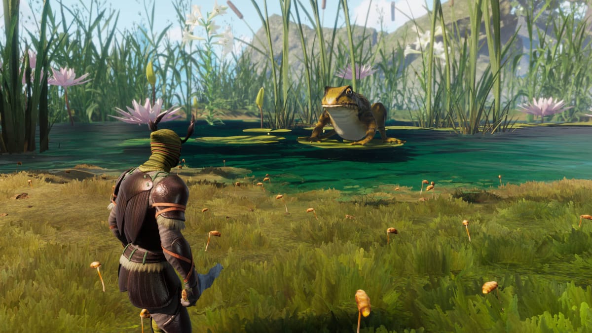 The player facing down a "giant" frog in Smalland: Survive the Wilds