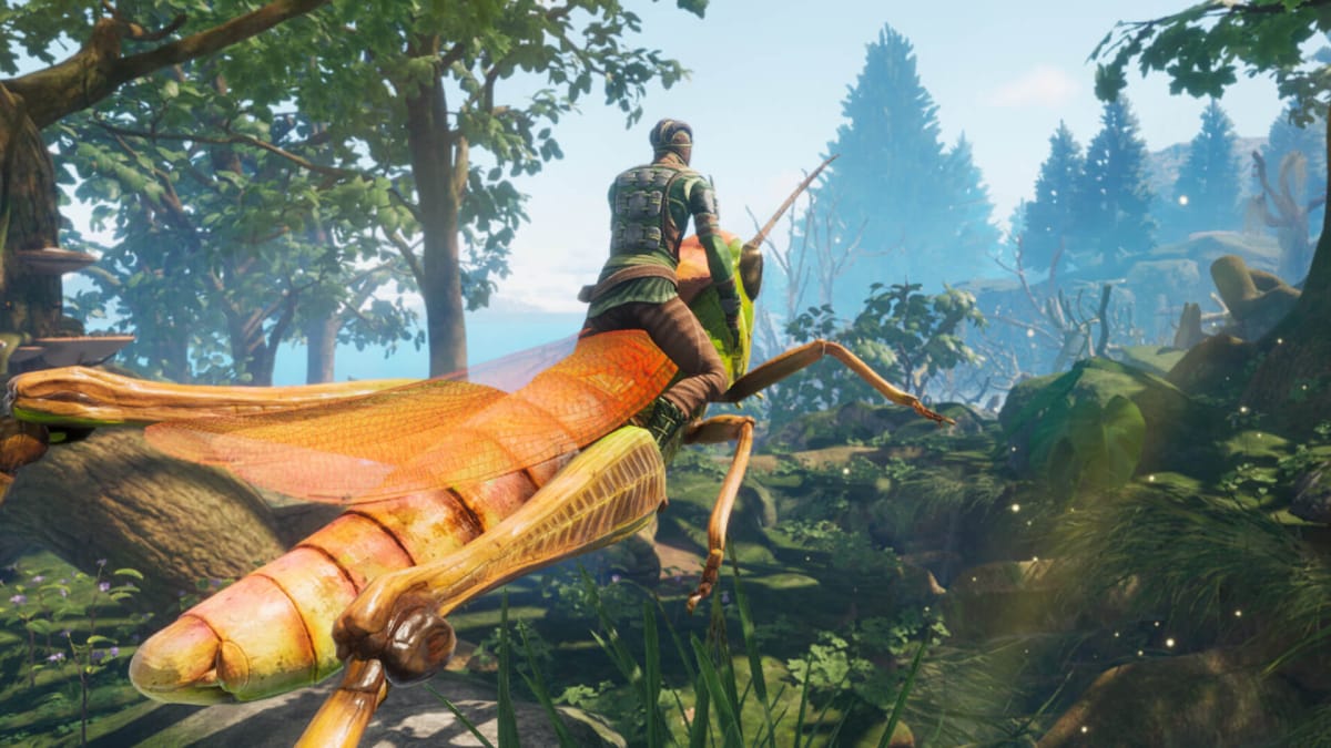The player riding a dragonfly through a magical forest in Smalland: Survive the Wilds