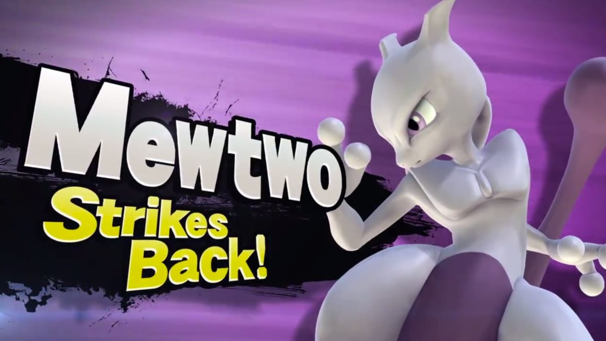 Smash Bros screenshot showing mewtwo standing in an aggressive pose with hise own name printed in huge text behin him on a purple backdrop. 