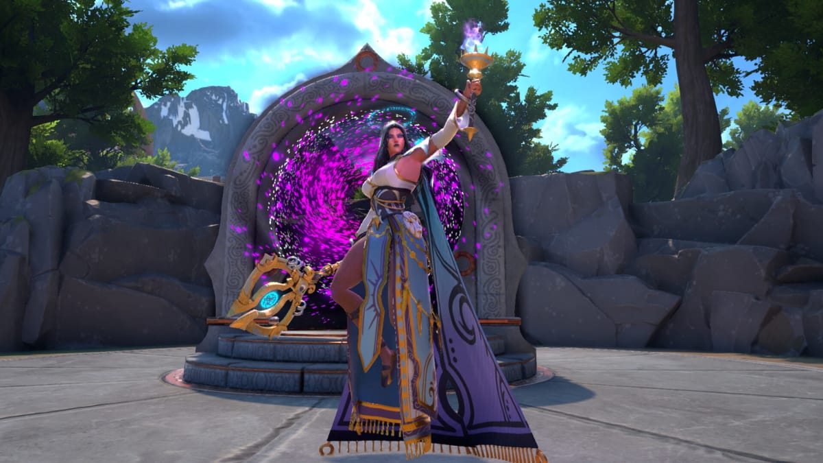 Hecate holding up a torch in front of a portal in Smite 2