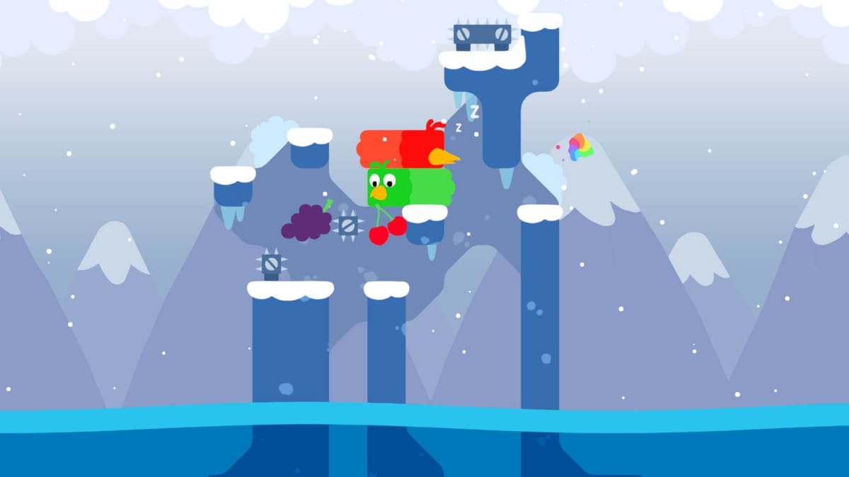 A Snakebird puzzle being solved in a snowy environment