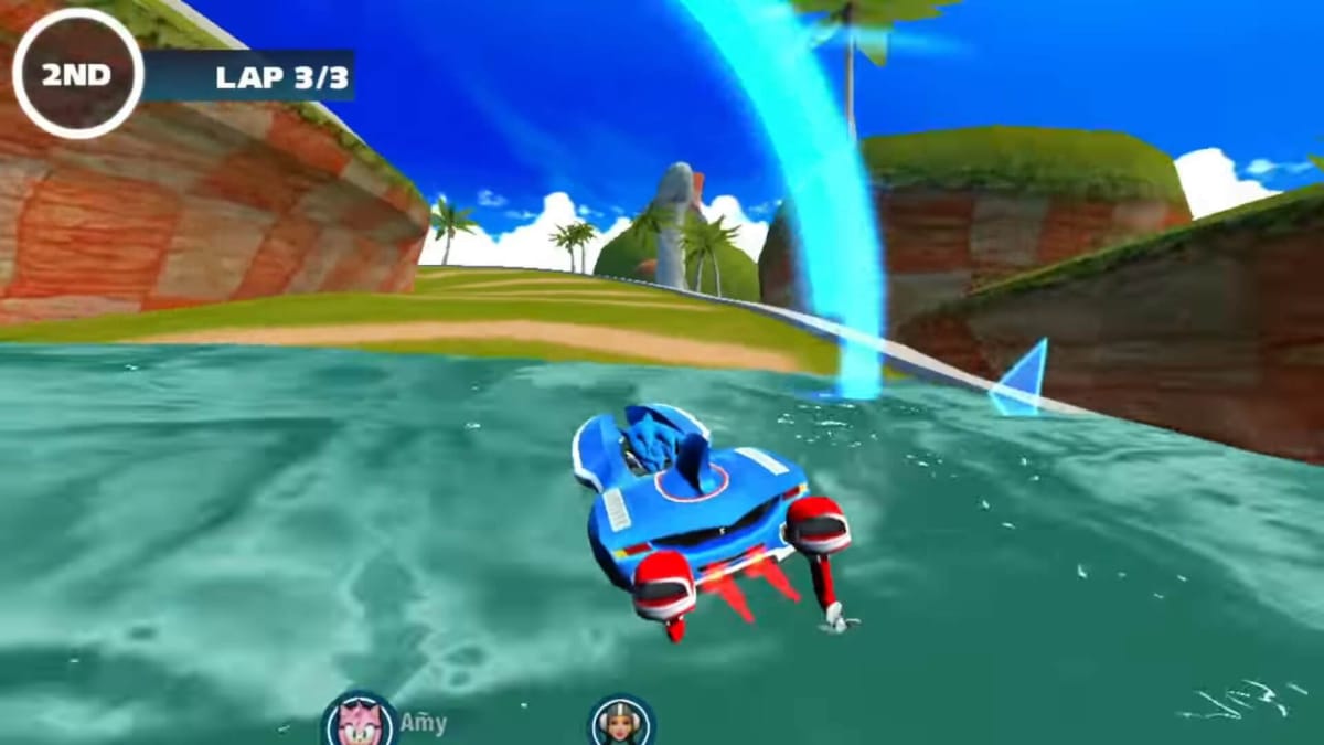 Sonic racing around a grassy track in Sonic & All-Stars Racing Transformed on mobile, intended to represent the PS Vita game being added to the PS Plus Instant Collection
