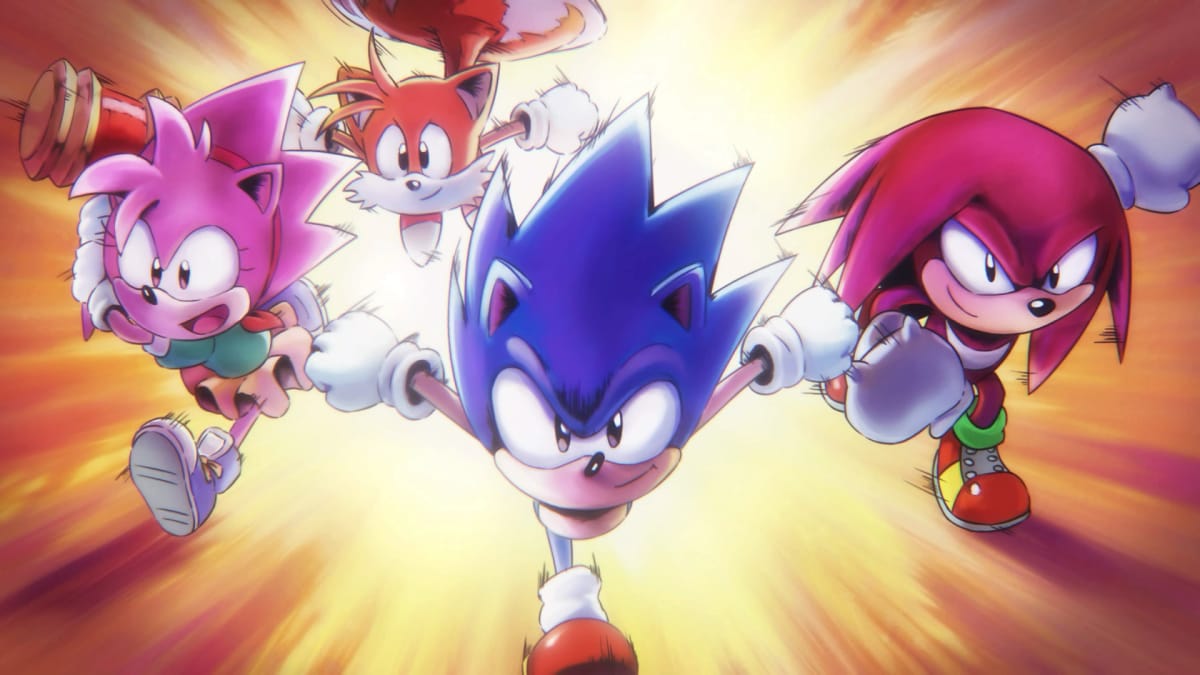 Sonic, Tails, Amy, and Knuckles running at screen with orange background behind them