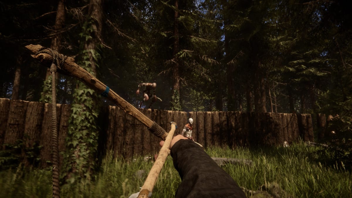 The player wielding a bow as a humanoid enemy stands a short distance away in Sons of the Forest