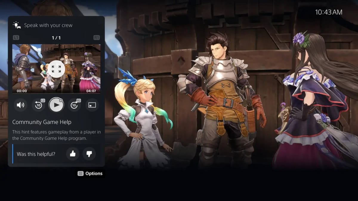 A shot of characters in Granblue Fantasy: Relink, overlaid with the new Sony PS5 Game Help feature