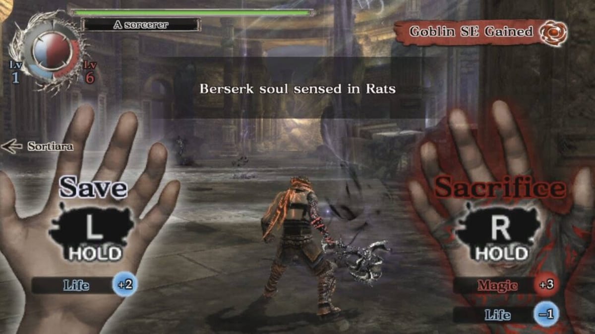 The player choosing whether to Save or Sacrifice in Soul Sacrifice on PS Vita, part of the PS Plus Instant Collection back in 2013