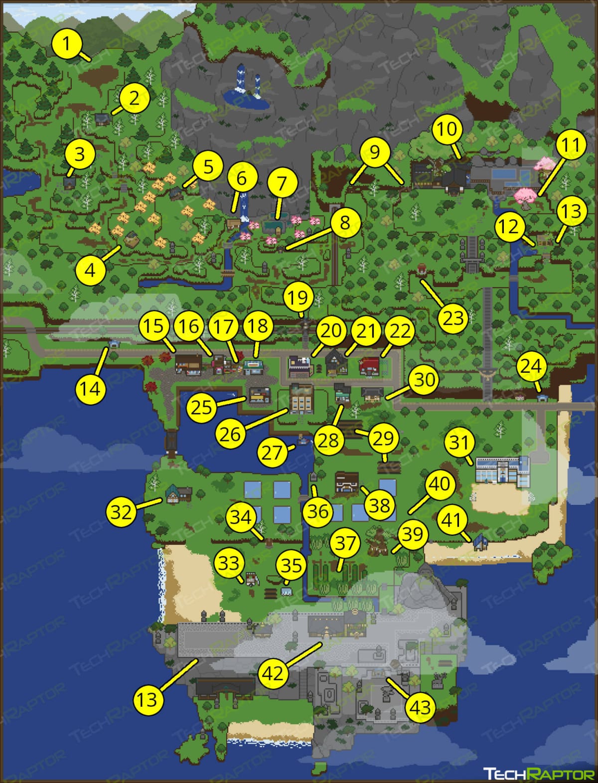 Spirittea Map and Locations Guide - Annotated Map Highlighting Important Locations in Town v3