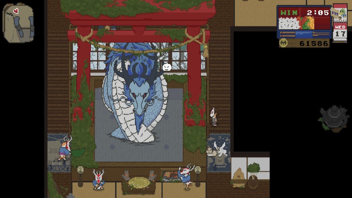 Spirittea screenshot showing a blue dragon spirit relaxing in a giant bath with a tama gate over the top