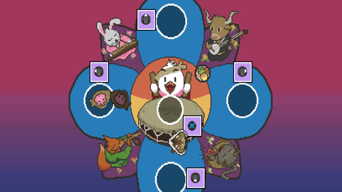 Spirittea screenshot showing a bunch of animals dressed in traditional clothing while playing various instruments