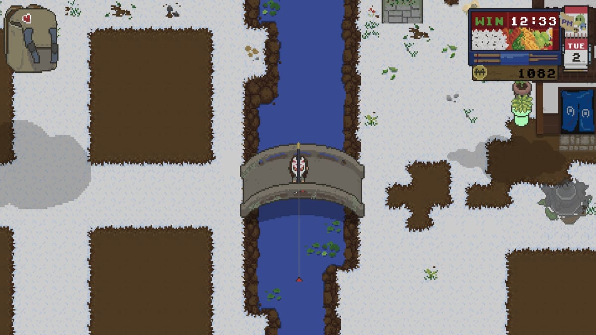 Spirittea Screenshot showing a character standing on a bridge over a river fishing