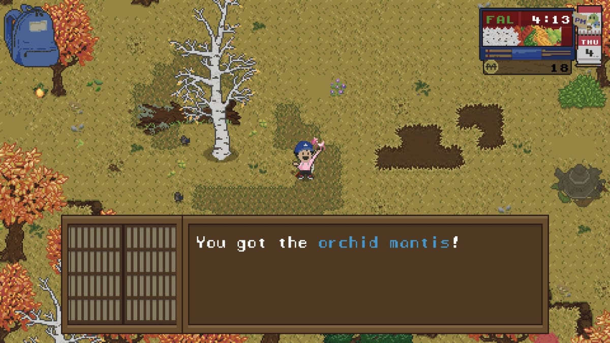 Spirittea screenshot showing a character triumphantly holding up a bright pink orchid mantis with a big grin on their face