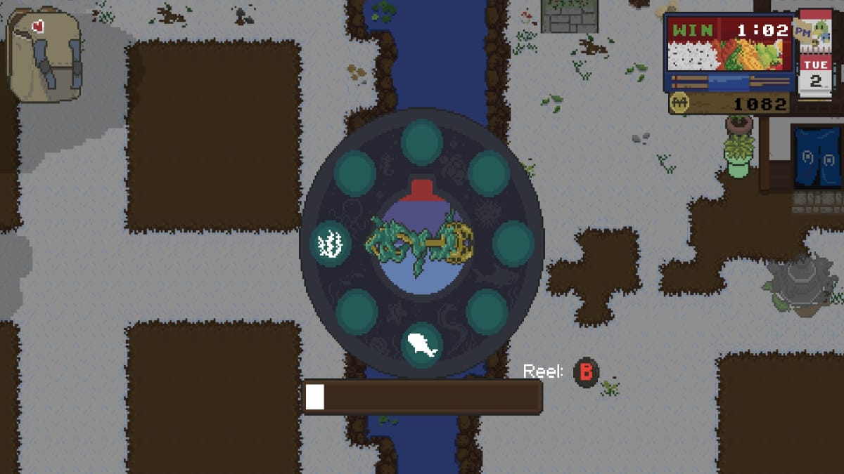 Spirittea Screenshot showing a circle fishing minigame including a reel that is covered in seaweed