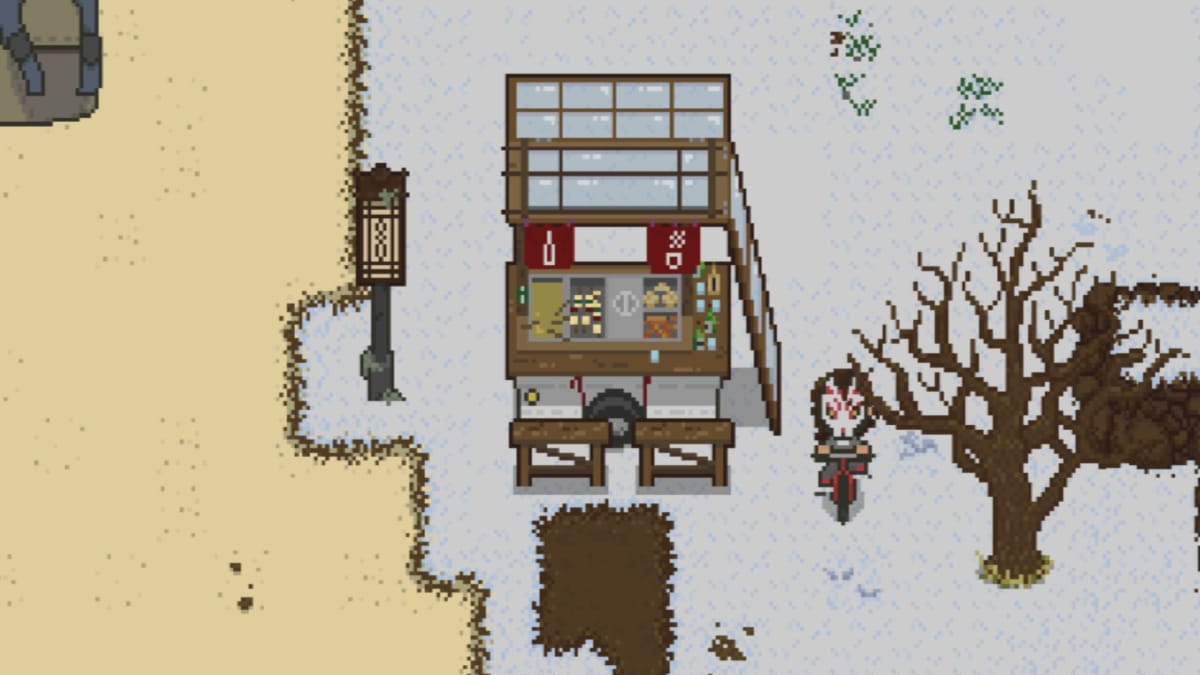 Spirittea screenshot showing a food stall in a snowy area with a red and white mask wearing character sitting astride a nearby red bicycle