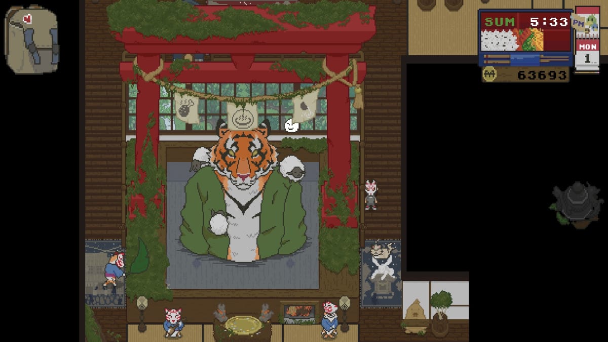spirittea screenshot showing a giant bipedal tiger dressed in a green robe sitting in a bath with a tama get built over the top 