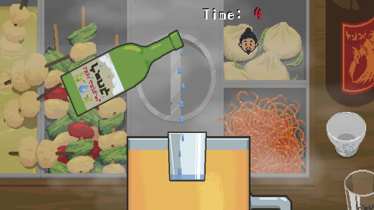 Spirittea Screenshot showing a glass being slowly poured out of a bottle tipped slightly over a shotglass floating in a beer