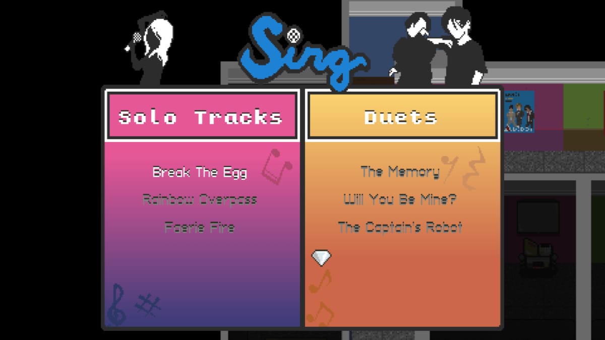 Spirittea Screenshot showing a menu labelled SING with a list of two different track types one headed solo tracks and the other headed duets