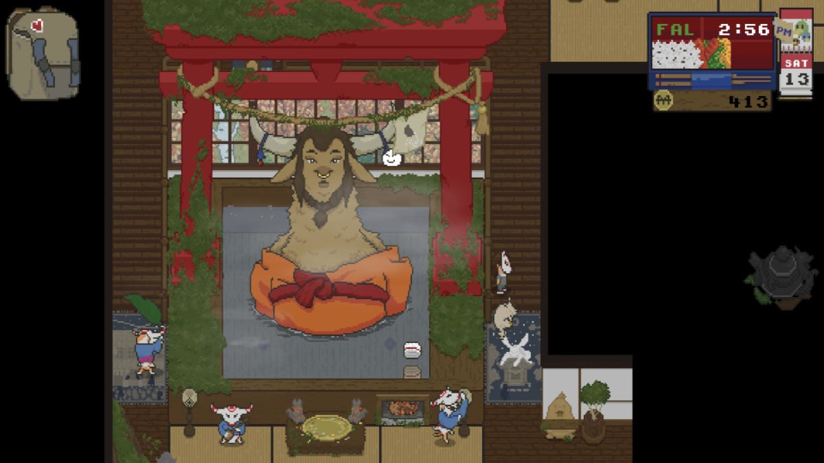 Spirittea screenshot showing a pixel art bathhouse with a giant llama-esque spirit sitting in a gaint bath with a decorative TAMA gate