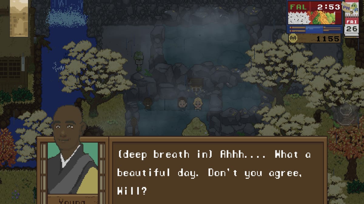 Spirittea screenshot showing a pixel art hot spring in the woods with a text box at the bottom showing a man dressed in monks clothing
