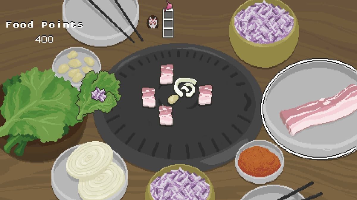Spirittea screenshot showing a pixel art rendition of a BBQ hotplate covered in garlic onions and meat while a preparred lettucue leaf sits nearby