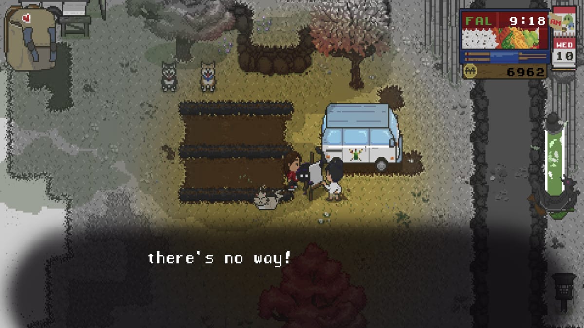 Spirittea Screenshot showing a pixel art village with various characters standing near a van and an easle