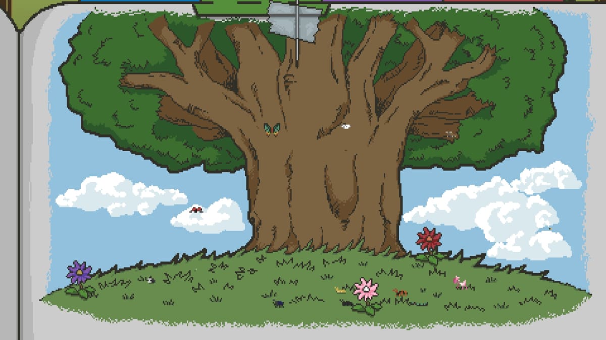 Spirittea screenshot showing a pixelart tree with tiny representations of various insects hanging around on the ground and in the sky nearby