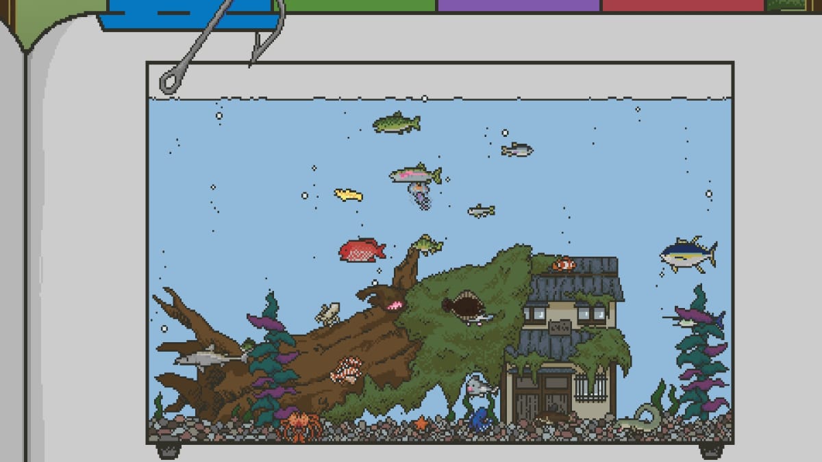 Spirittea Screenshot showing an acquirium filled with different pixelated fish