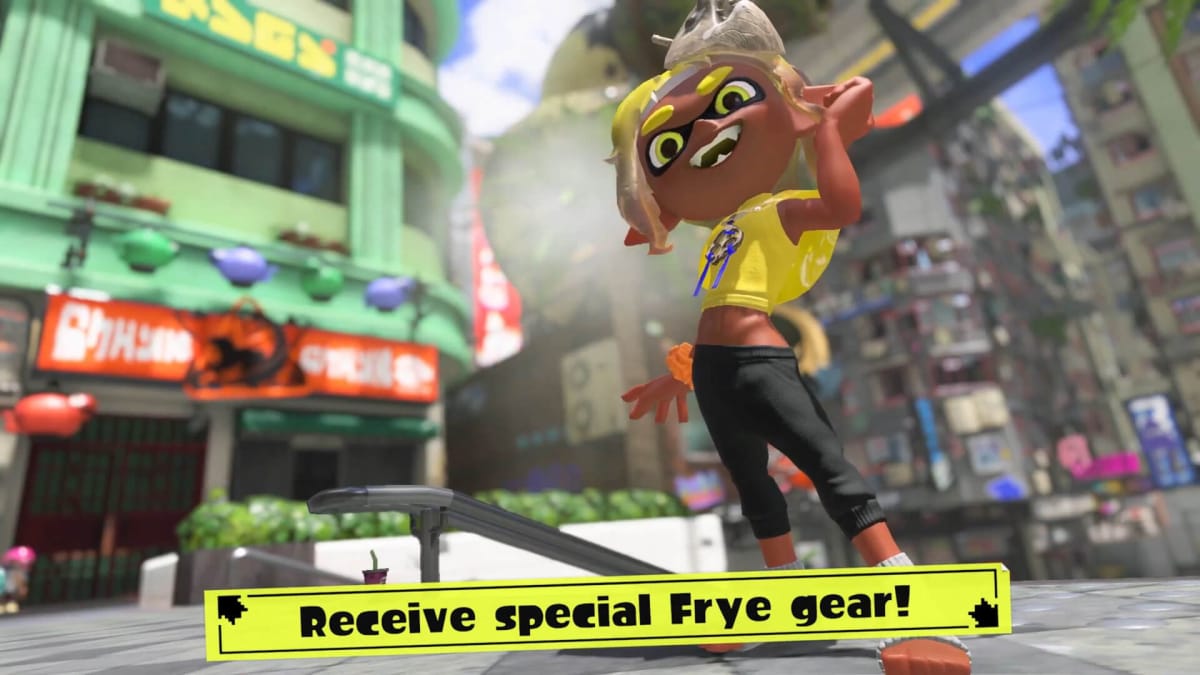 The player wearing gear inspired by Frye in the new Splatoon 3 amiibo range