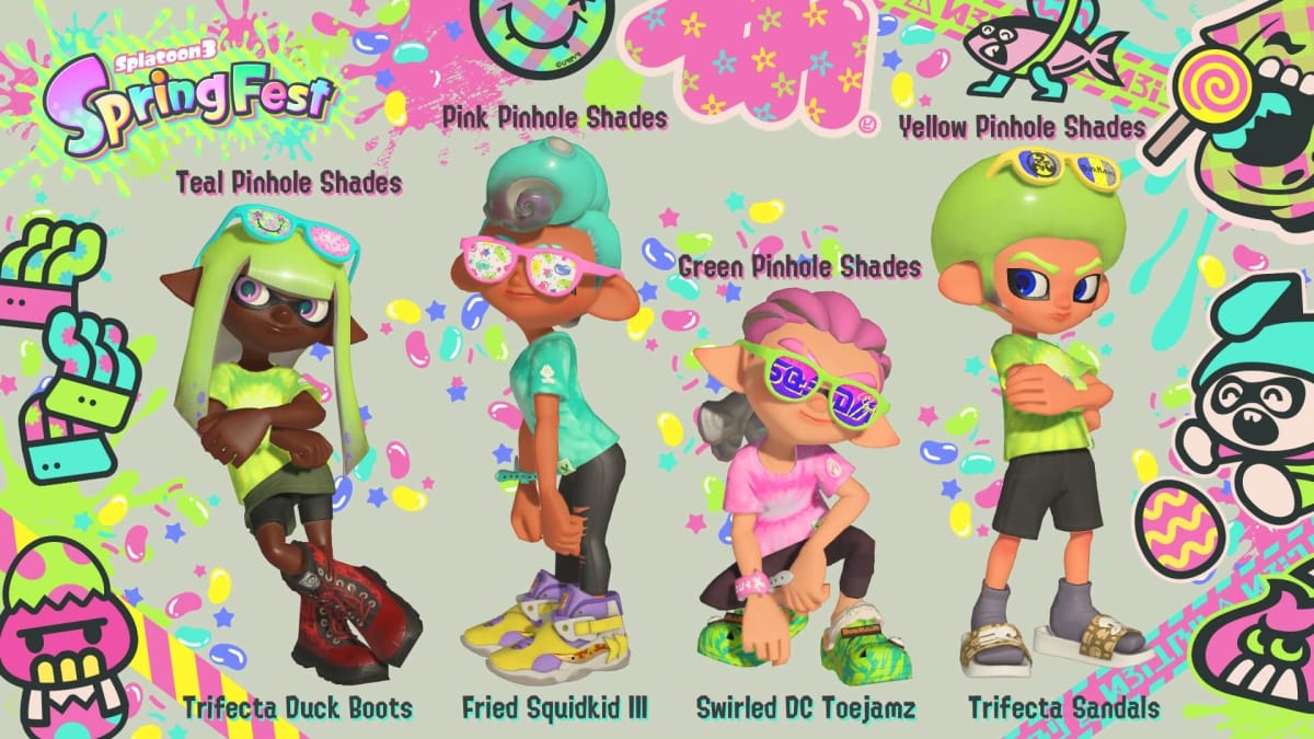 Four Inklings wearing some of the new Splatoon 3 Spring Fest gear