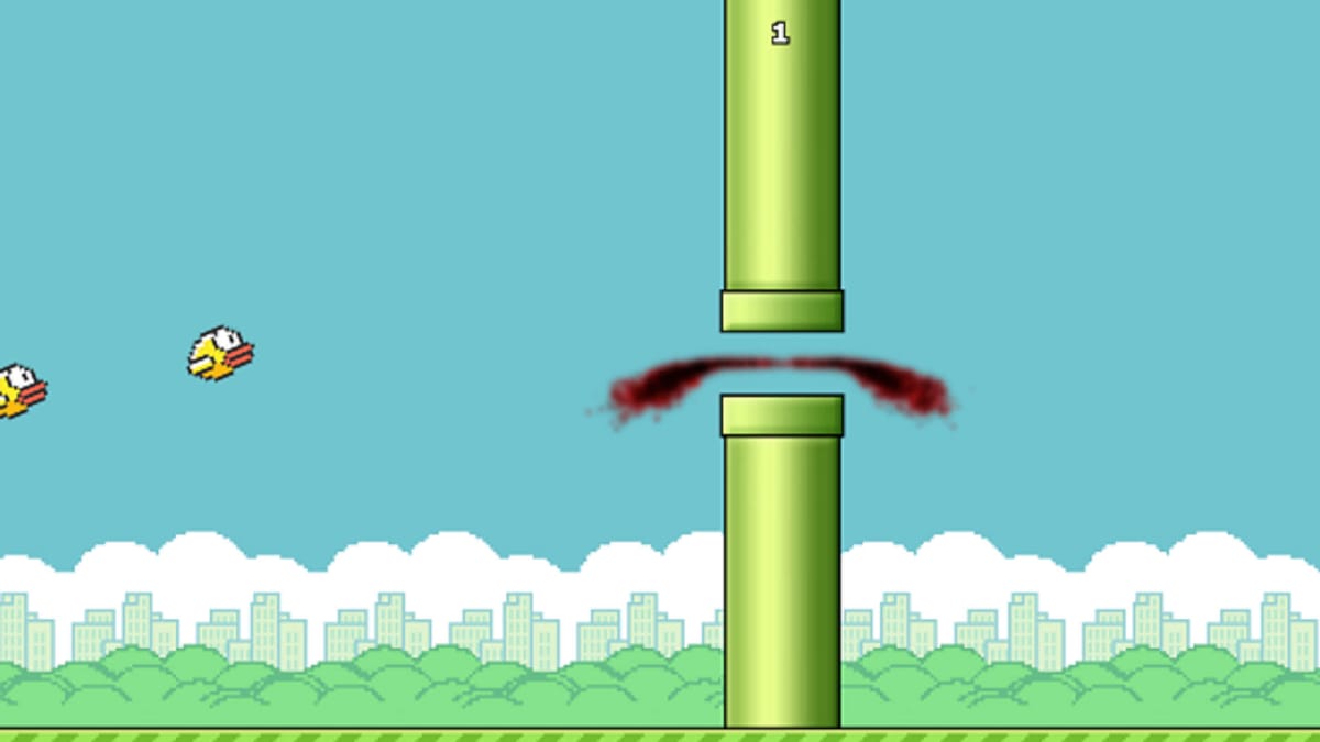 Flappy Bird sprites being sent to their death between two pipes in Squishy Bird