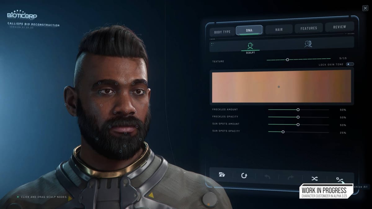 Picking the skin color and texture in Star Citizen