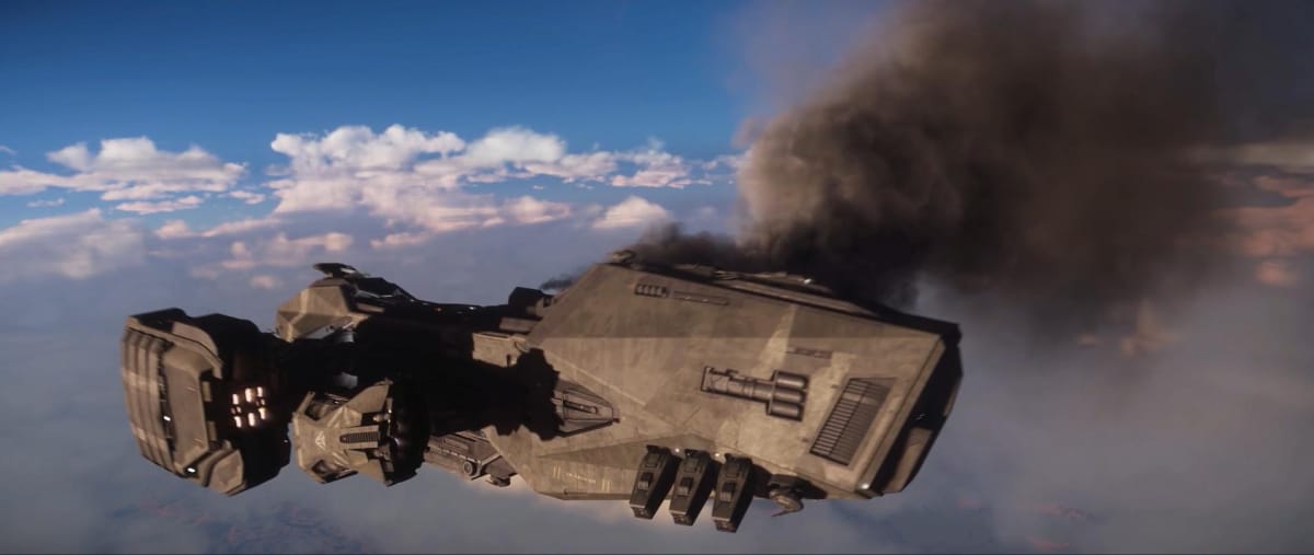 Star Citizen Damaged Reclaimer Falling from the Sky on Fire