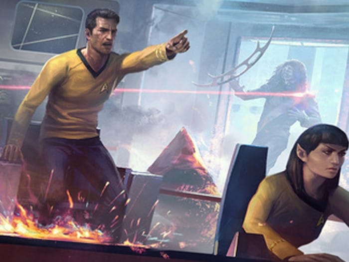 Artwork of a Starfleet ship bridge under attack from Star Trek Adventures