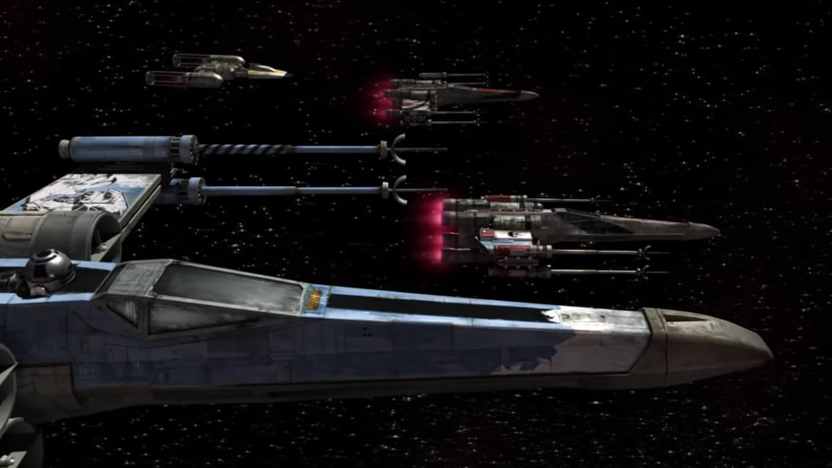 Several Star Wars ships advancing through space in side profile in Star Wars: Attack Squadrons