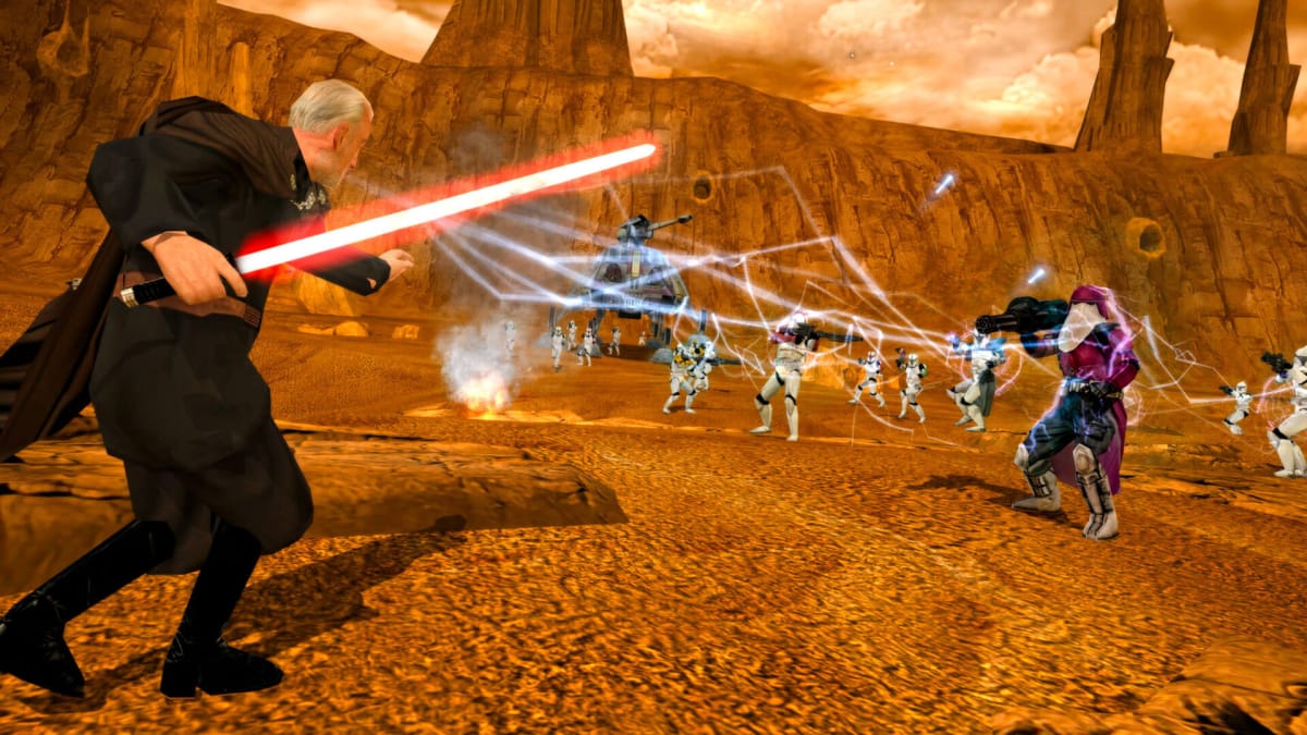 Count Dooku using Force Lightning on a group of enemies in Star Wars: Battlefront Classic Collection