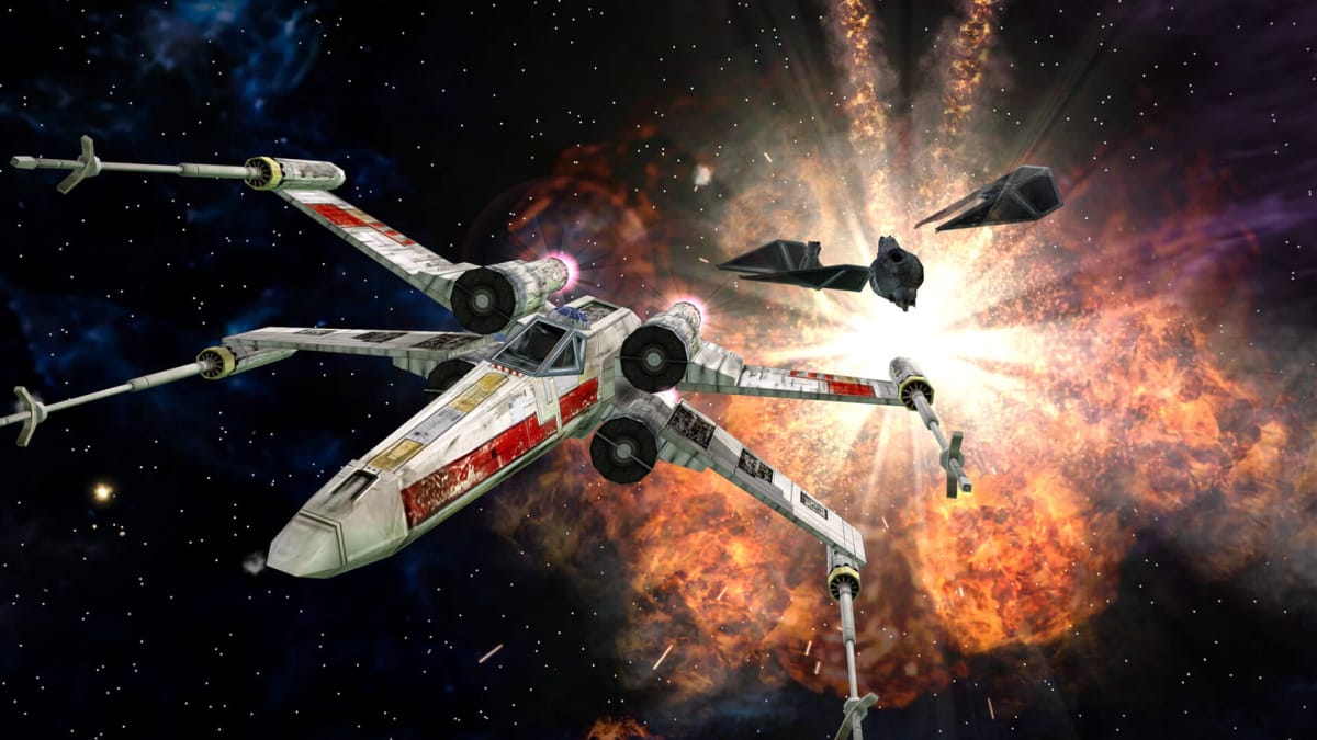 An X-Wing fleeing an explosion in Star Wars: Battlefront Classic Collection