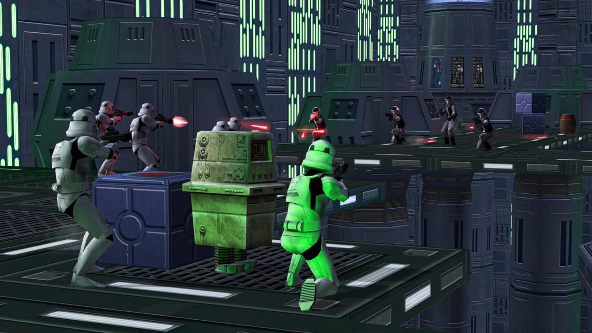 Stormtroopers engaged in a gunfight with rebels in Star Wars: Battlefront Classic Collection