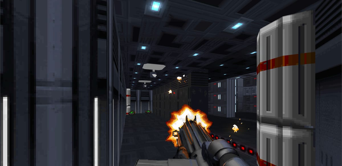 Kyle Katarn shooting at ceiling-mounted cameras with a machine gun in Star Wars: Dark Forces Remaster