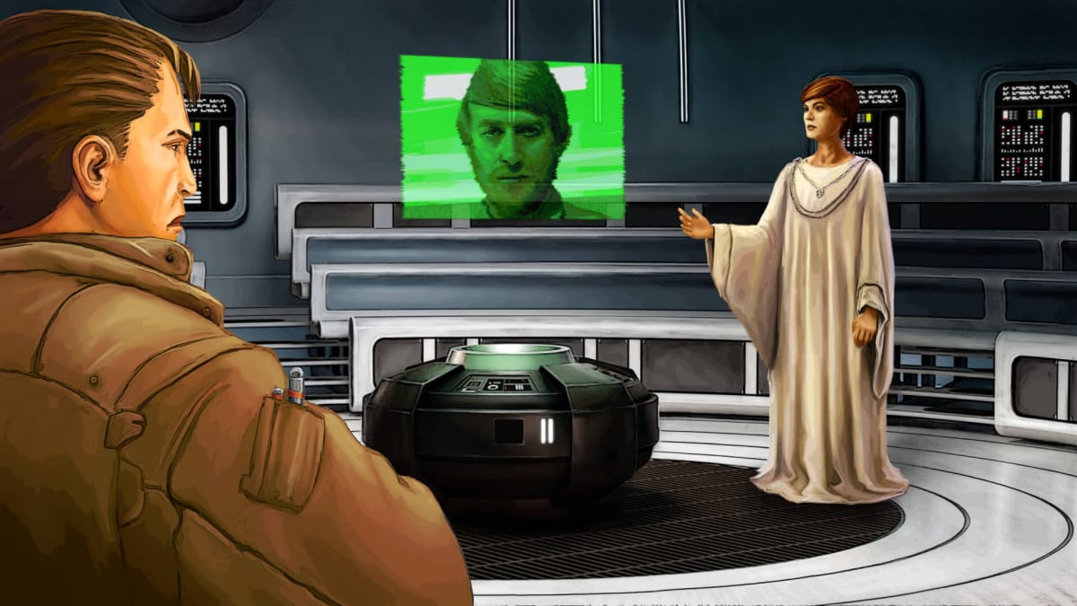Two characters talking to one another in a Star Wars: Dark Forces Remaster cutscene
