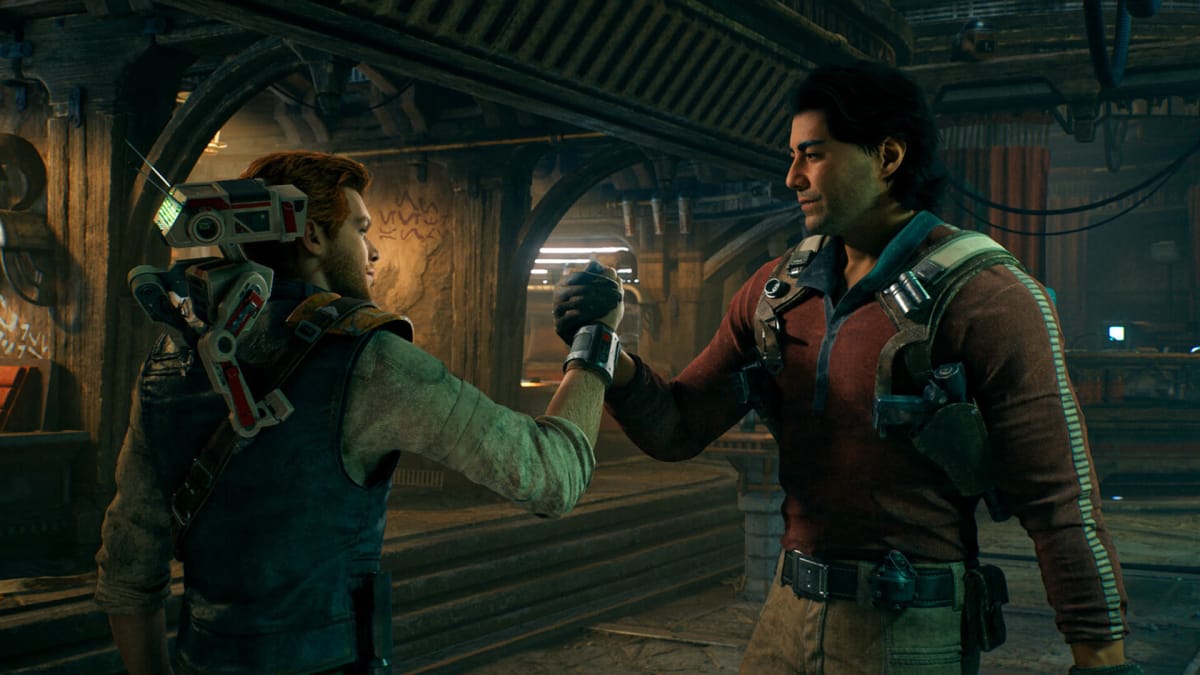 Cal and Bode grasping each other's arms in a manly handshake in Star Wars Jedi: Survivor