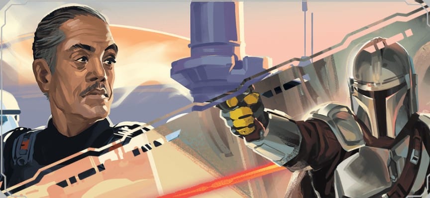 A promo image of Star Wars Unlimited: Shadows of the Galaxy, showing card artwork of Moff Gideon and The Mandalorian.