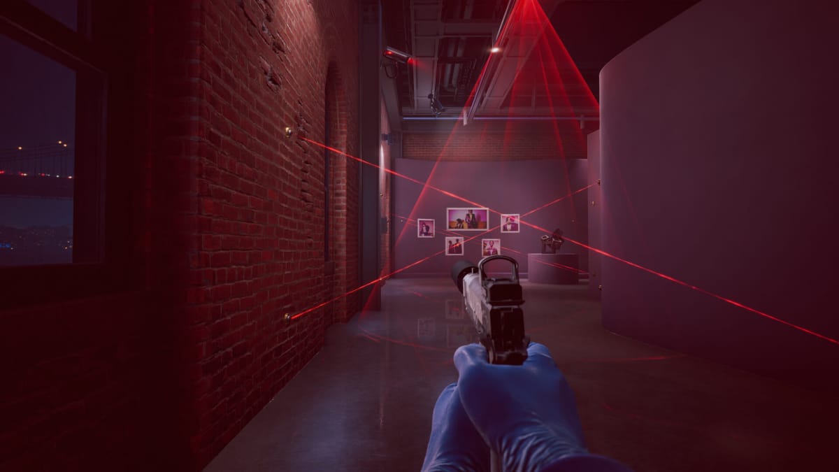The player aiming a pistol at a grid of lasers in Payday 3