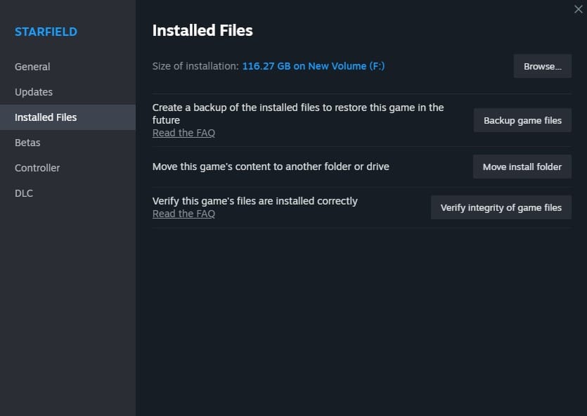 The file location of Starfield on Steam.