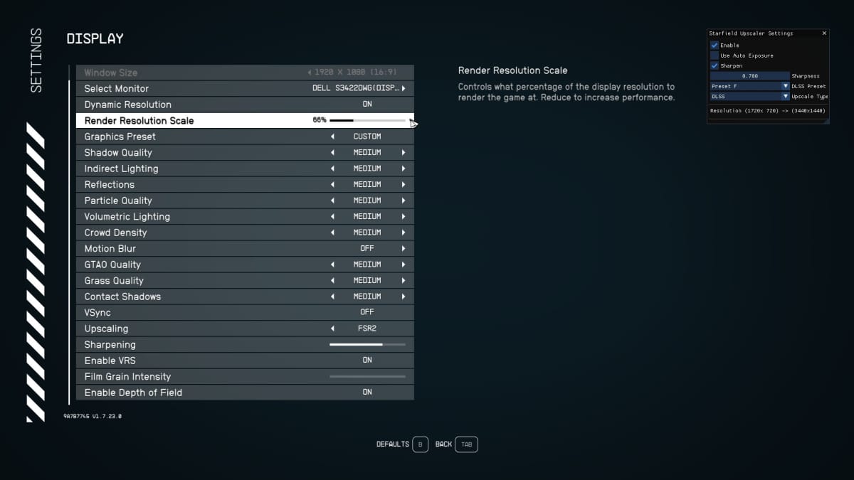 The Starfield display settings menu, now featuring the DLSS mod.