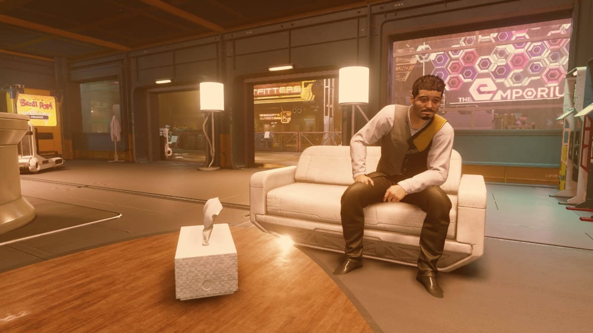 Starfield Miguel Rivas Mission Guide - Speak to Erika - Miguel Rivas Sitting Alone in the Hotel Volii Lobby in Neon Core in Neon