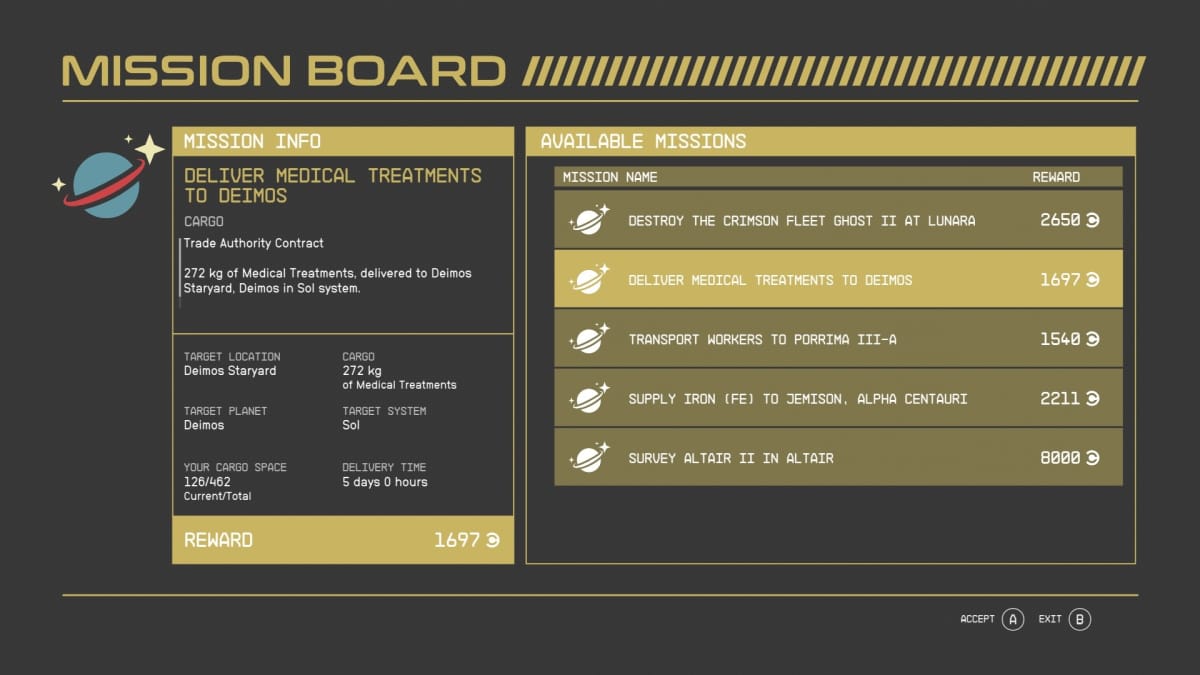 Starfield screenshot showing a mission board with yellow details on a grey background